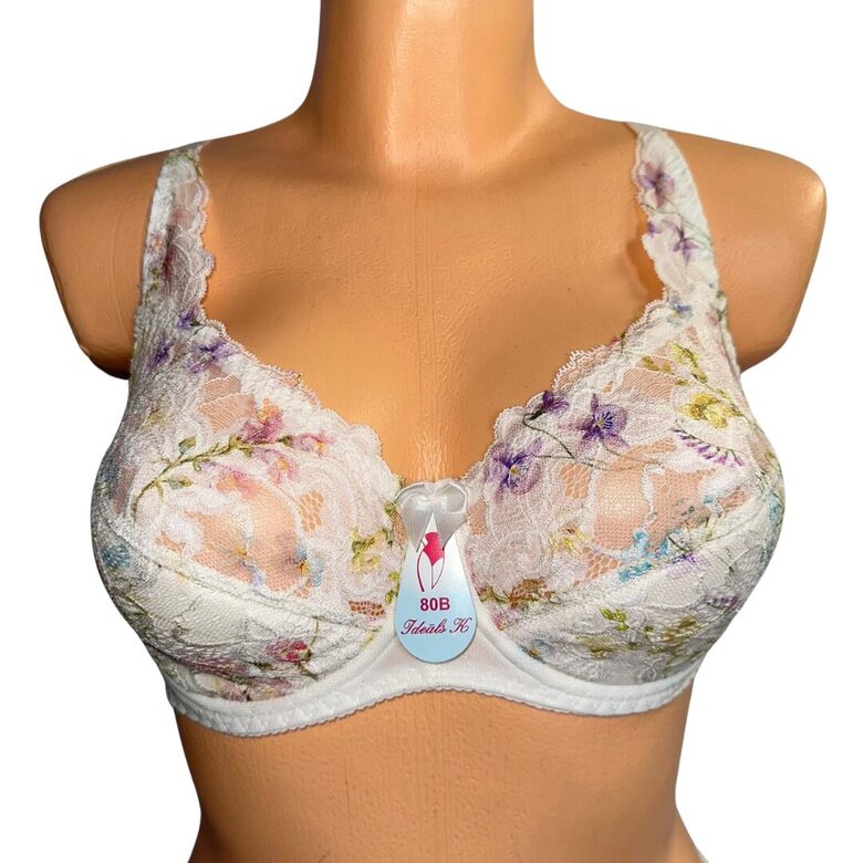 Bra with a half-padded cup, white with colorful flowers